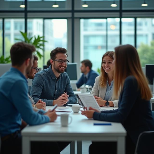 Diverse fintech team collaborating in modern workspace